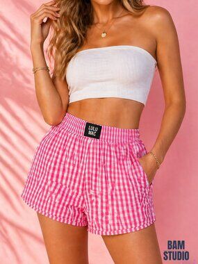 LULU MAC Pink Gingham Shorts NWT Elastic Waist Summer Lounge Boxer Style Small